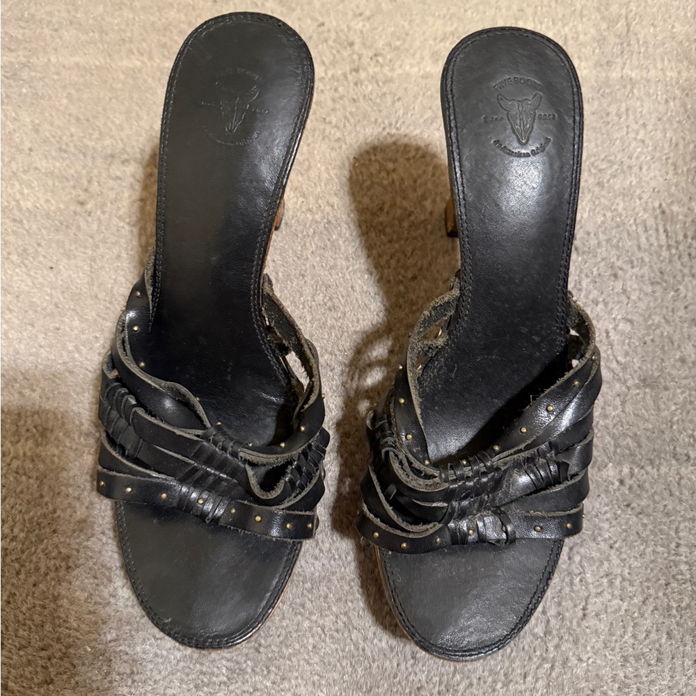 Frye Platform Leather & Wood Slide Sandals Women’s 7 Black Brown